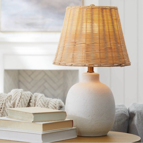 Threshold whiteCeramic Table Lamp with Rattan Shade